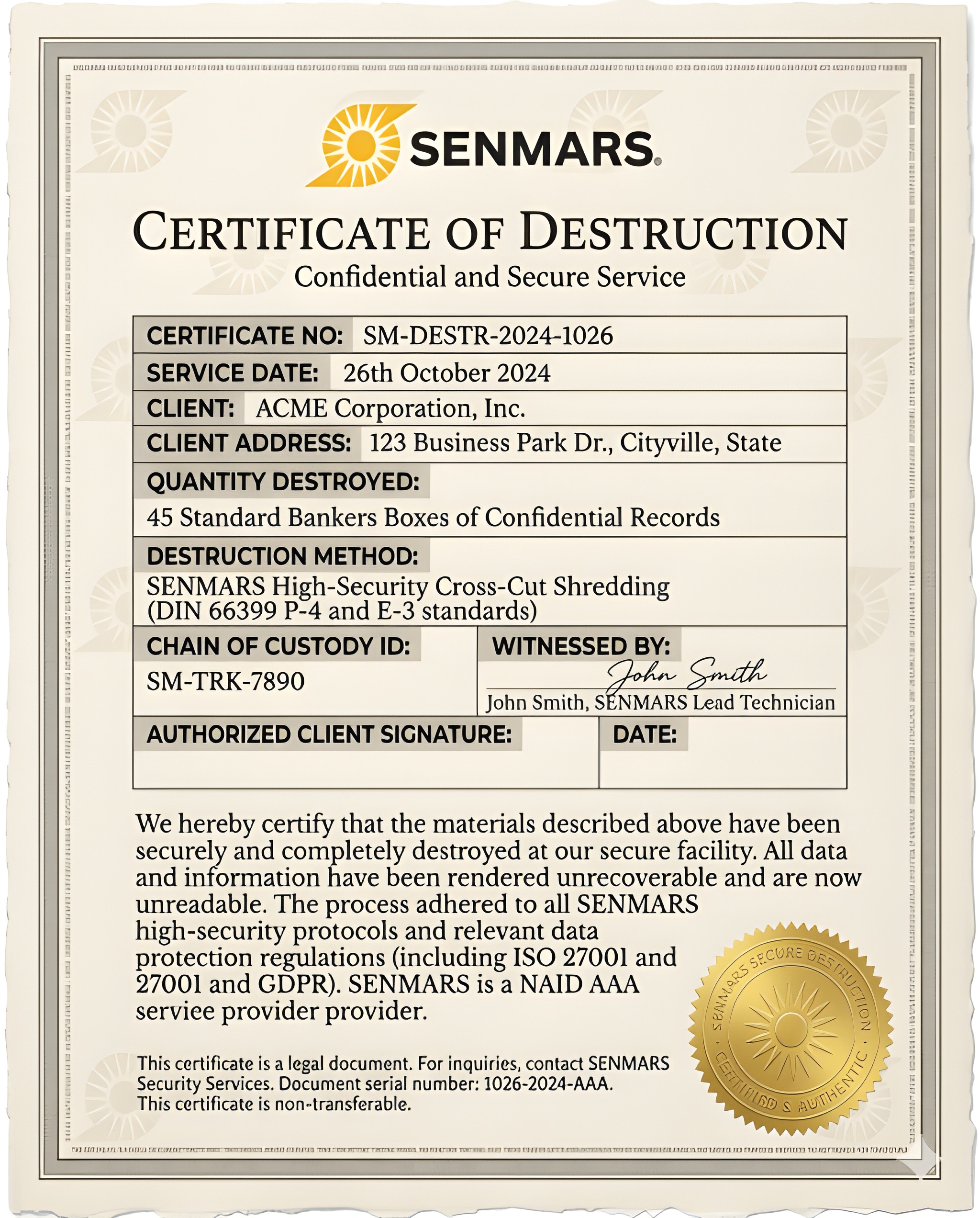 Senmars certificate of destruction